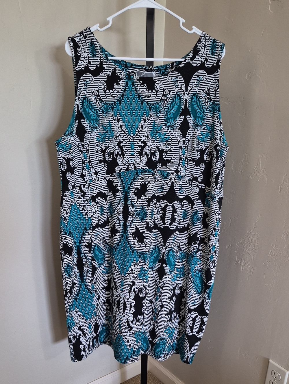 JM Collection Black, White and Teal Patterned Midi Dress Size XL